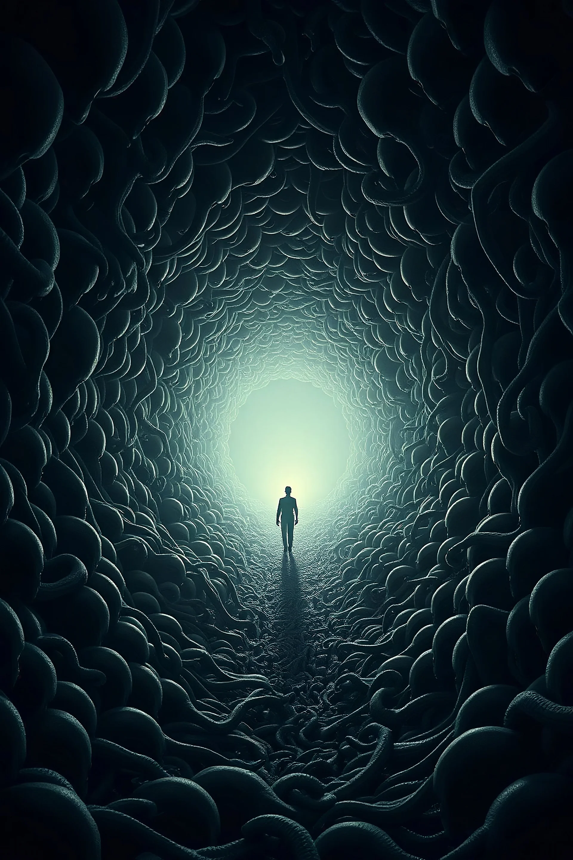 A surreal scene a tunnel-like structure filled with intertwined aliens figures. The tunnel is lined with countless writhing aliens bodies, creating a chaotic and nightmarish atmosphere. At the end of the tunnel, a solitary figure walks towards a distant light source, casting a glow that illuminates the scene. The overall color palette is muted with shades enhancing the ominous and unsettling mood. The level of detai