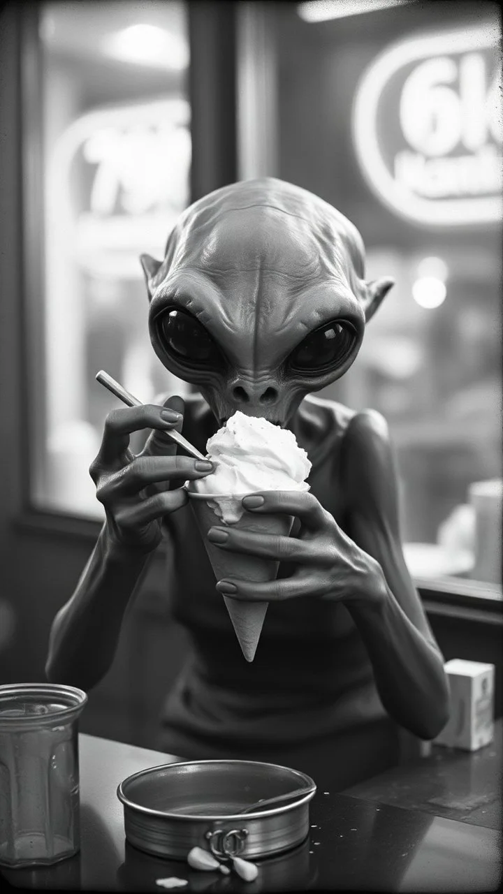 An old picture style of black and white mono very bad quality looks very old camera picture of an alien eating Ice cream, year 1900