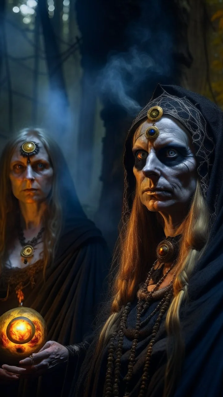 close up portrait of merciless medieval high priestess countess gorilla and her creepy sister in big eyed trance, fire ball portal, full moon, swirly mist,autumn wind, arcane invocation ritual of smoke demon with immense power in luminous stone altar ruins in dark forest grove, shot on Hasselblad h6d-400c, zeiss prime lens, bokeh like f/0.8, tilt-shift lens 8k, high detail, smooth render, down-light, unreal engine, prize winning