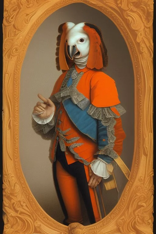 Half parrot half human in a 1700s Orange Dutch uniform in a Dutch cafe