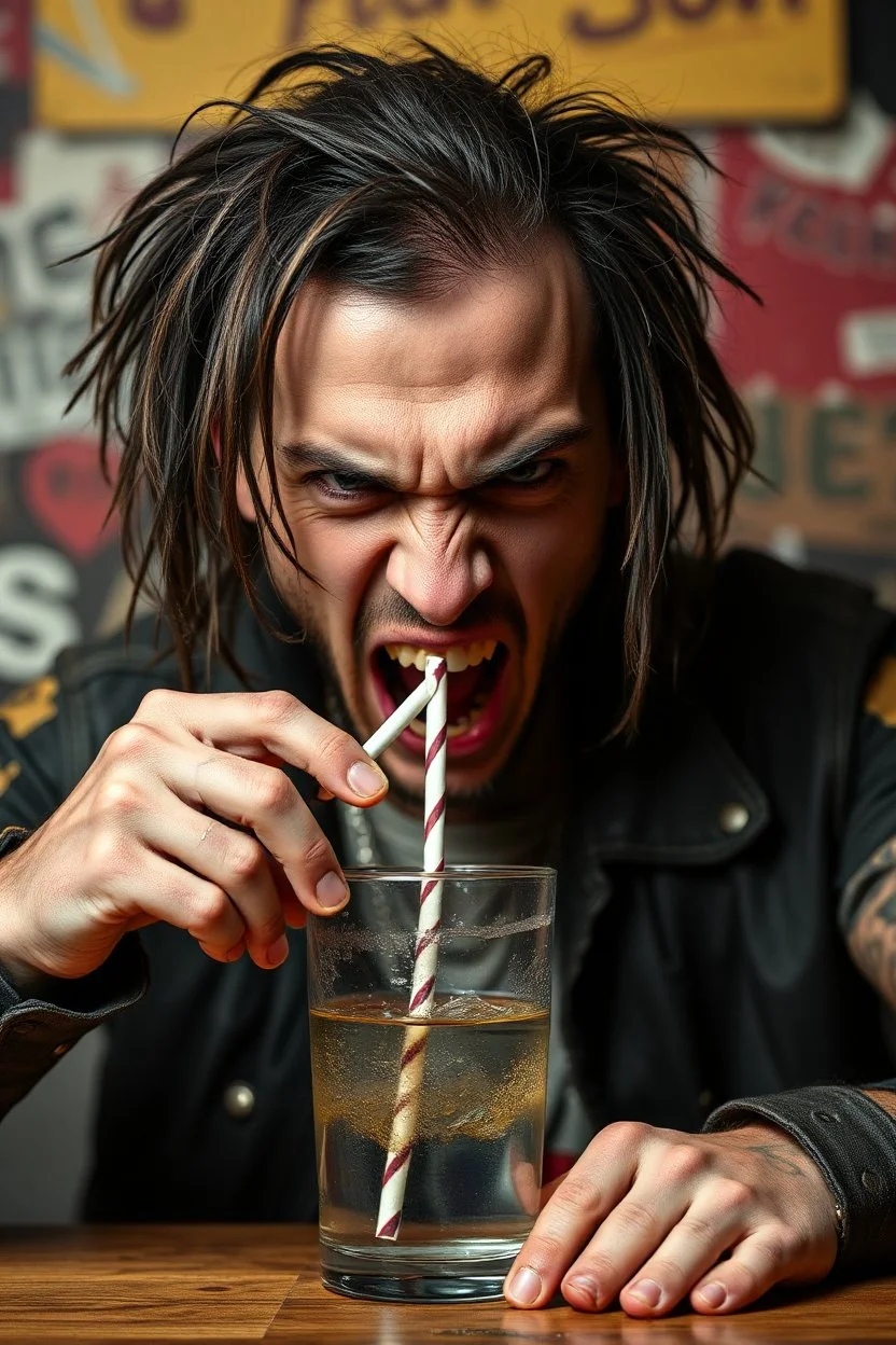 A very angry and bitter punk rocker tries to drink through a paper straw and gets angry