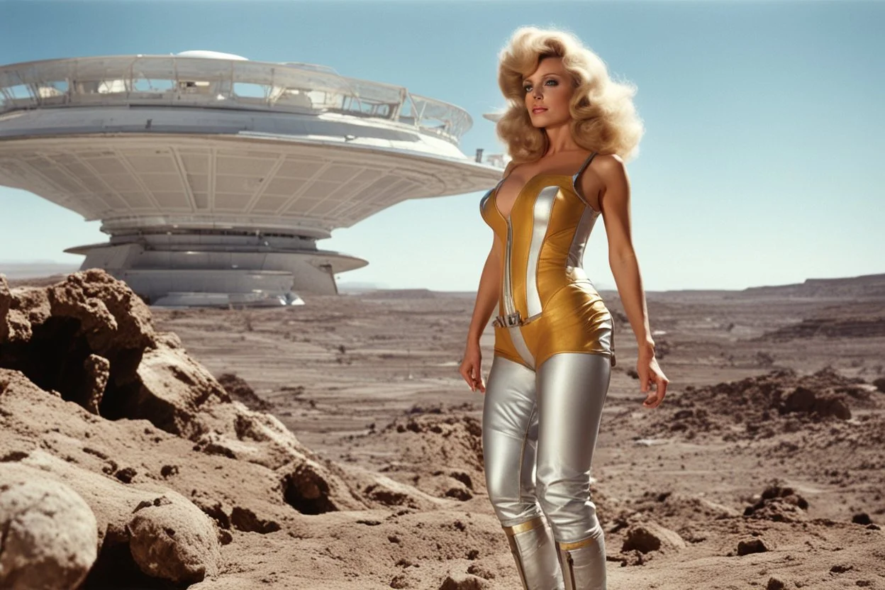 photo of a Sci-fi pin-up girl, wearing a spacesuit with no helmet, on an alien planet, Barbarella