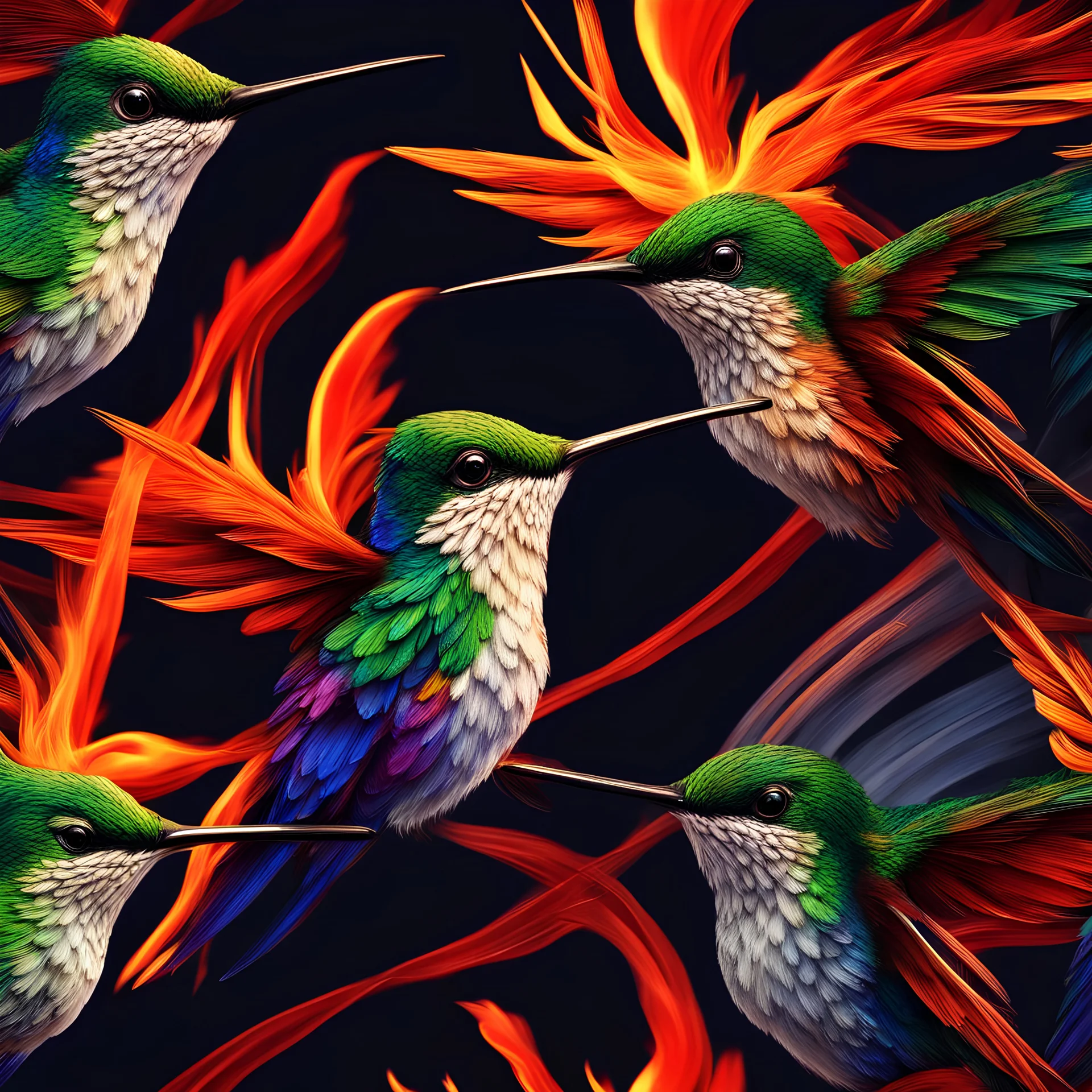 humming bird, with flame effect, colorful, dengan detail bulu yang tinggi, ultra HD