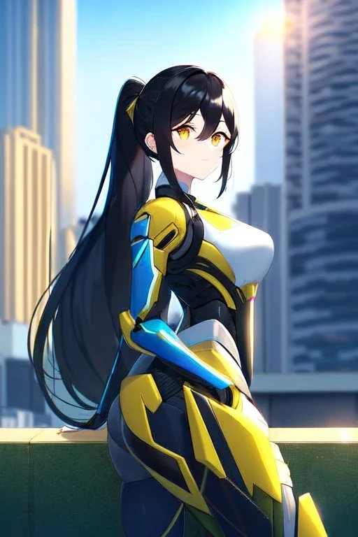 girl, masterpiece, best quality, cinematic lighting, detailed outfit, vibrant colors, perfect eyes, long hair, black hair, golden eyes, ponytail, hair between eyes, outdoors, depth of field, ray tracing, mech outfit, city, landscape,