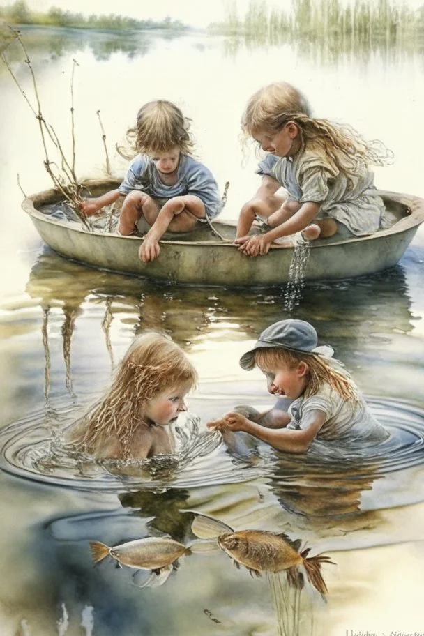 four kids SWIMMING AND PLAYING on beautiful lake . one of them cooking fish and the other three playing on a by Jean-Baptiste Monge, highly detailed, lighting, very attractive, beautiful, high detail, award winning, hyper-realistic, high definition, crisp quality, watercolor highly detailed Award winning photography photorealistic