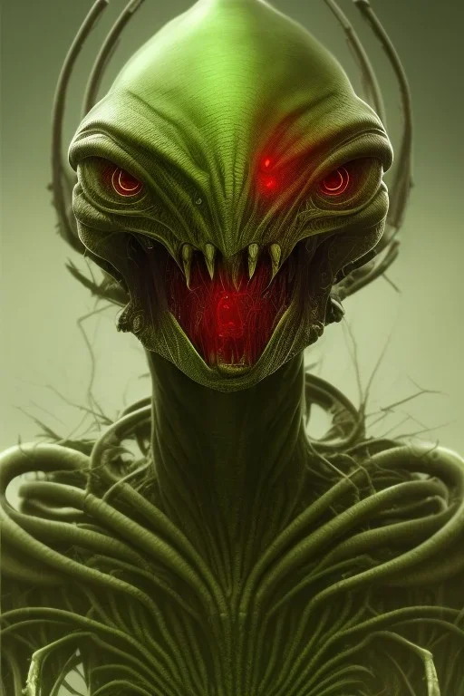 green alien, head, evil, red eyes, big silver teeth, weapons, blood, 8k, finely detailed, photo realistic, HR Giger style