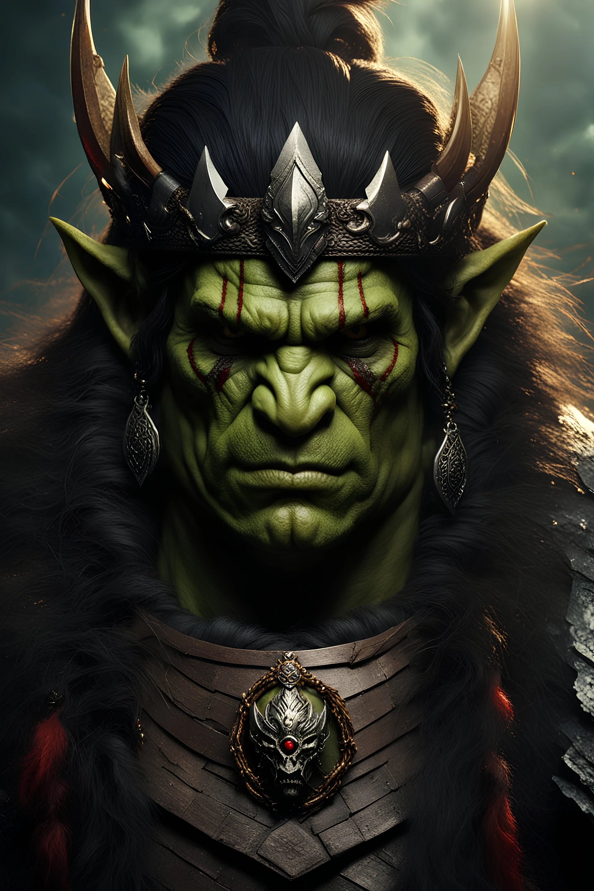 portrait of an orc king. braided hair. wearing ornaments. Carrying a battleaxe. High resolution. 4K. 8K. Fantasy style.