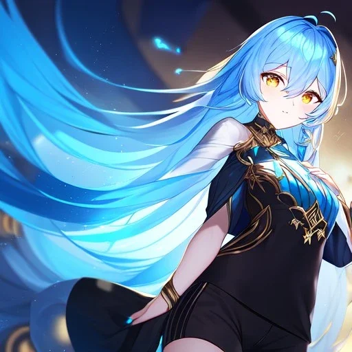 Clear focus, High resolution, Long light blue fluffy hair, hair between eyes, yellow eyes, wearing black fabric shorts, detailed outfit, blue and black outfit, gold accessory