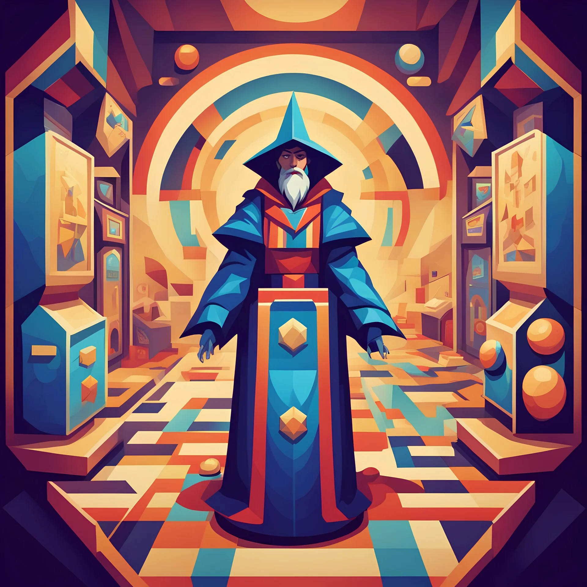 Holy Mage Indulf in cubism retro arcade art style