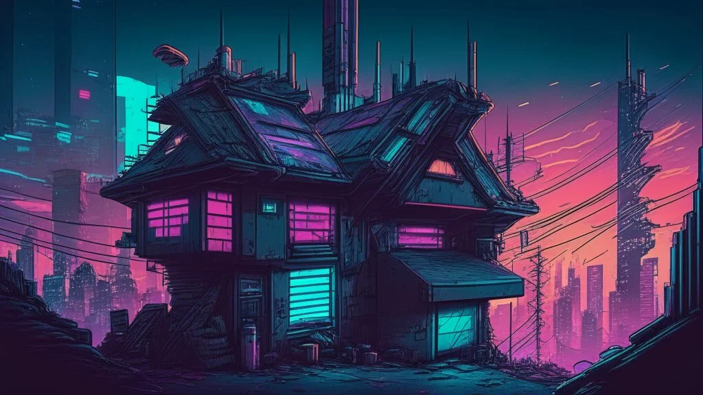 small german Cabin, In cyberpunk city-skyline, comic style