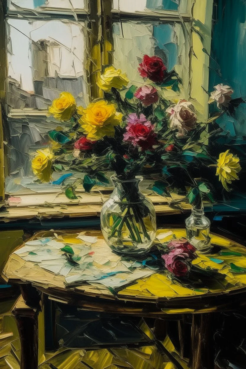 Style of Frank Auerbach Vase of spring flowers on a table in front of a sunlit window in the style of frank Auerbach