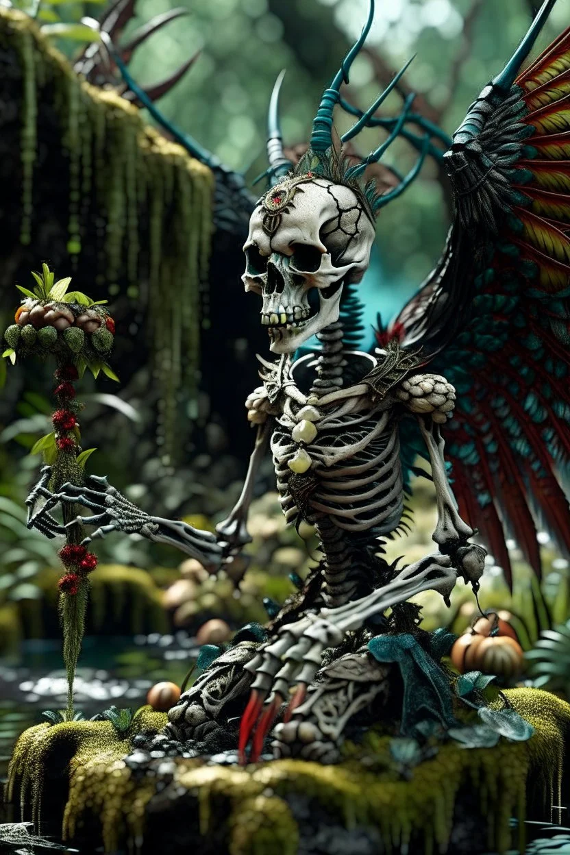 terrifying winged angel lich skeleton dragon with rattle snake head in deep swampy jungle breathing magical fruit soup, in the style of fantasy movies, photorealistic, shot on Hasselblad h6d-400c, zeiss prime lens, bokeh like f/0.8, tilt-shift lens 8k, high detail, smooth render, unreal engine 5, cinema 4d, HDR, dust effect, vivid colors