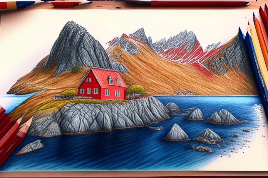 Colored pencil drawing, Very detailed, Drawing of the colorfull nature of Lofoten Island in Norway, with a characteristic red houses, Ultra Realisic