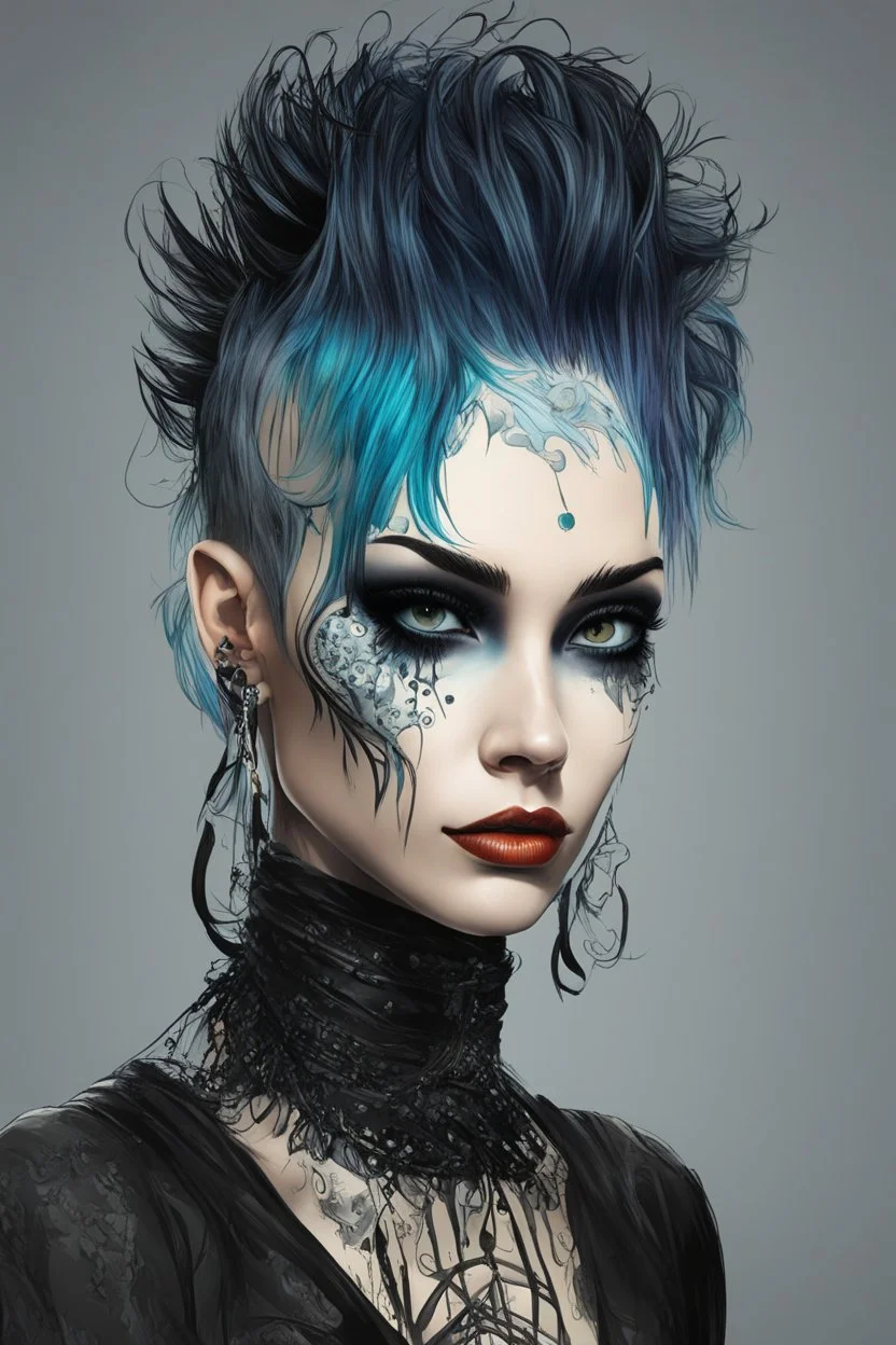 Create a wild, imaginative, goth punk girl with highly detailed facial features, in the vector graphic style of Nirak1,Christopher Lee, and Cristiano Siqueira, vibrant colors, 3d vector