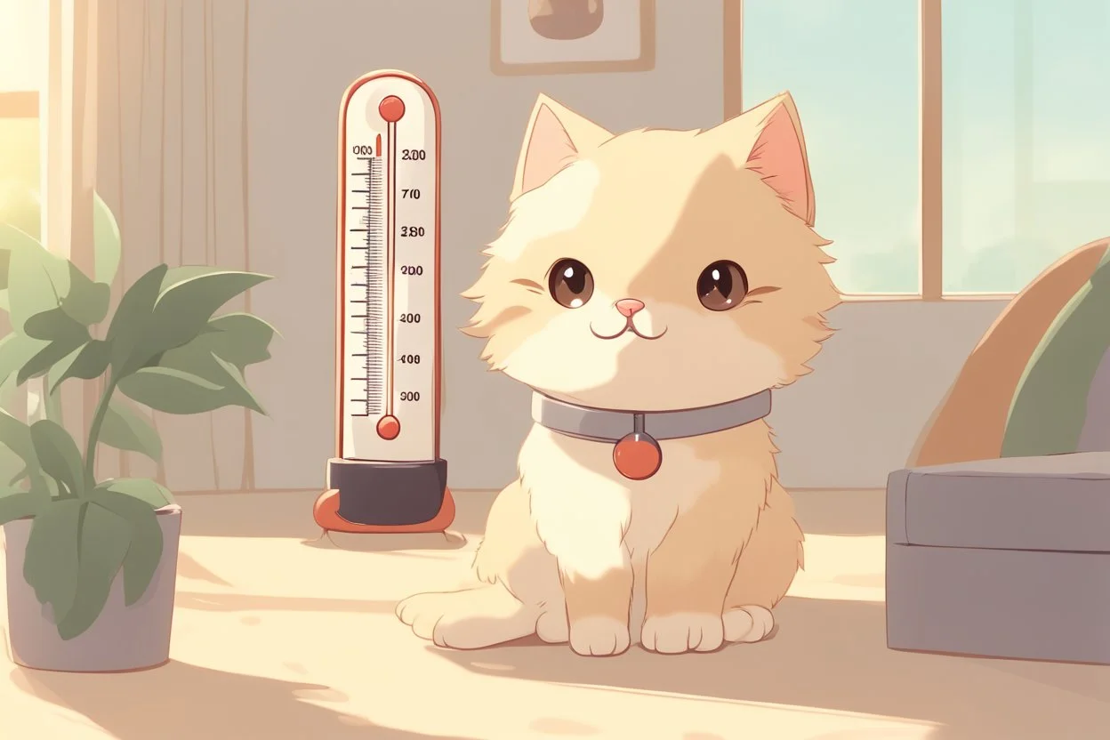 cute fluffy chibi beige cat with a giant thermometer in a modern room in sunshine