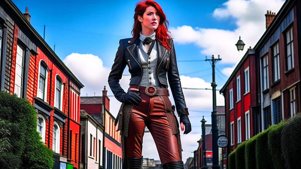 full-height portrait of a woman with straight shoulder-length auburn hair, with metal arms and legs, dressed in leather trousers, and a waistcoat, in a Victorian street next to a steampunk motorbike blue sky