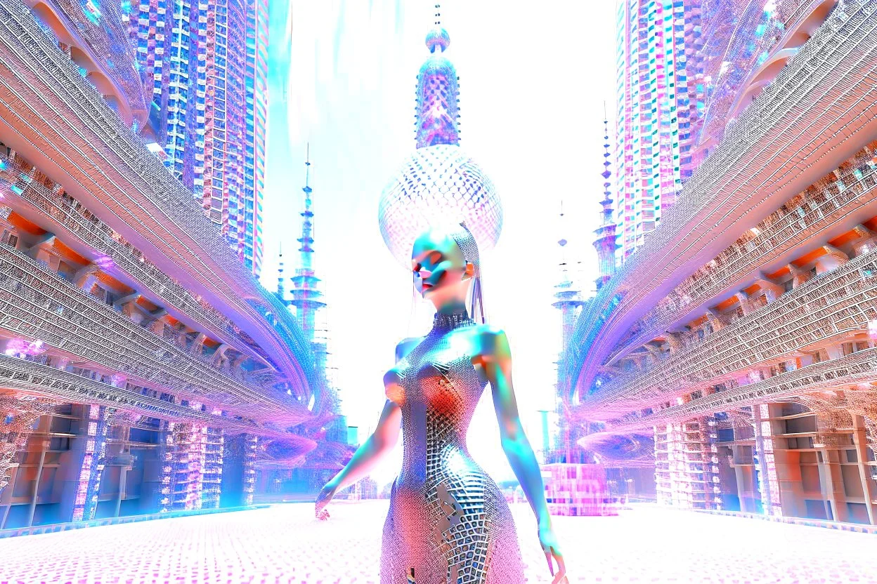 very complex CIFY structure ,pretty viberating color environment 3d metalic and crystal recursive evolving and animating beveled geometric base very complex CIFY structure emiting bubbles that broke, goddess of love in a pretty cleric dress comes out dancing gracefully , viberating color moving very in modern city escap environment while camera tracking it.write in down screen 3d animating"Made in Grok By:J.Babakan"