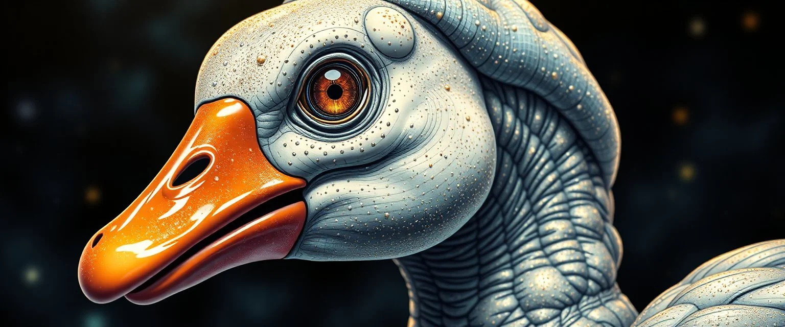 brilliant detailed full figure portrait disco glittery goose slug alien dino anime in the style of Escher and Giger
