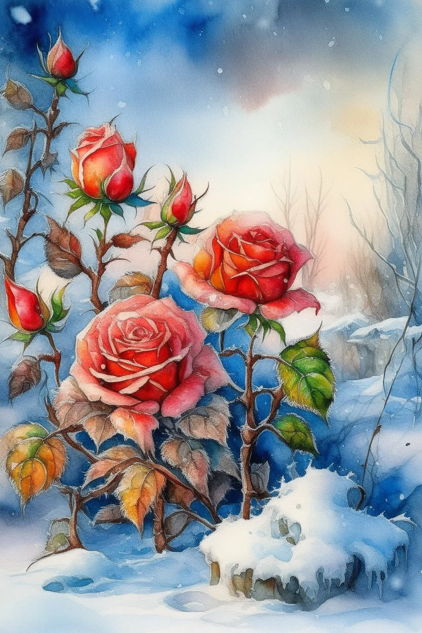 magic Winter landscape, blooming roses in the snow. Jean-Baptiste Monge style, watercolor, ink. Picturesque and colorful. Bright colors of the ring exquisitely luxury chic aesthetics photo harmony professional photo 64K pixel graphics high detail bright lighting