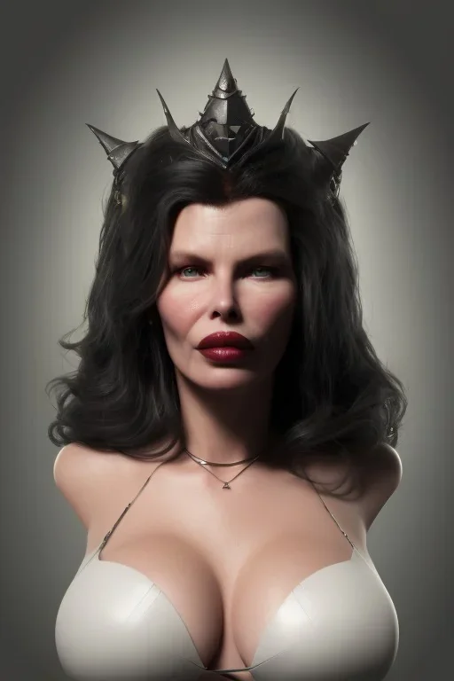 Kim Basinger as evil queen in black leather, busty, cleavage, curvy, angry, happy, stern look. character design by cory loftis, fenghua zhong, ryohei hase, ismail inceoglu and ruan jia. unreal engine 5, artistic lighting, highly detailed, photorealistic, fantasy