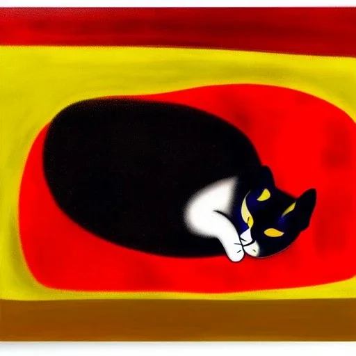 oil portrait of tricolor pattern Cat sleeping in a black sofa by Joan Miró 8k