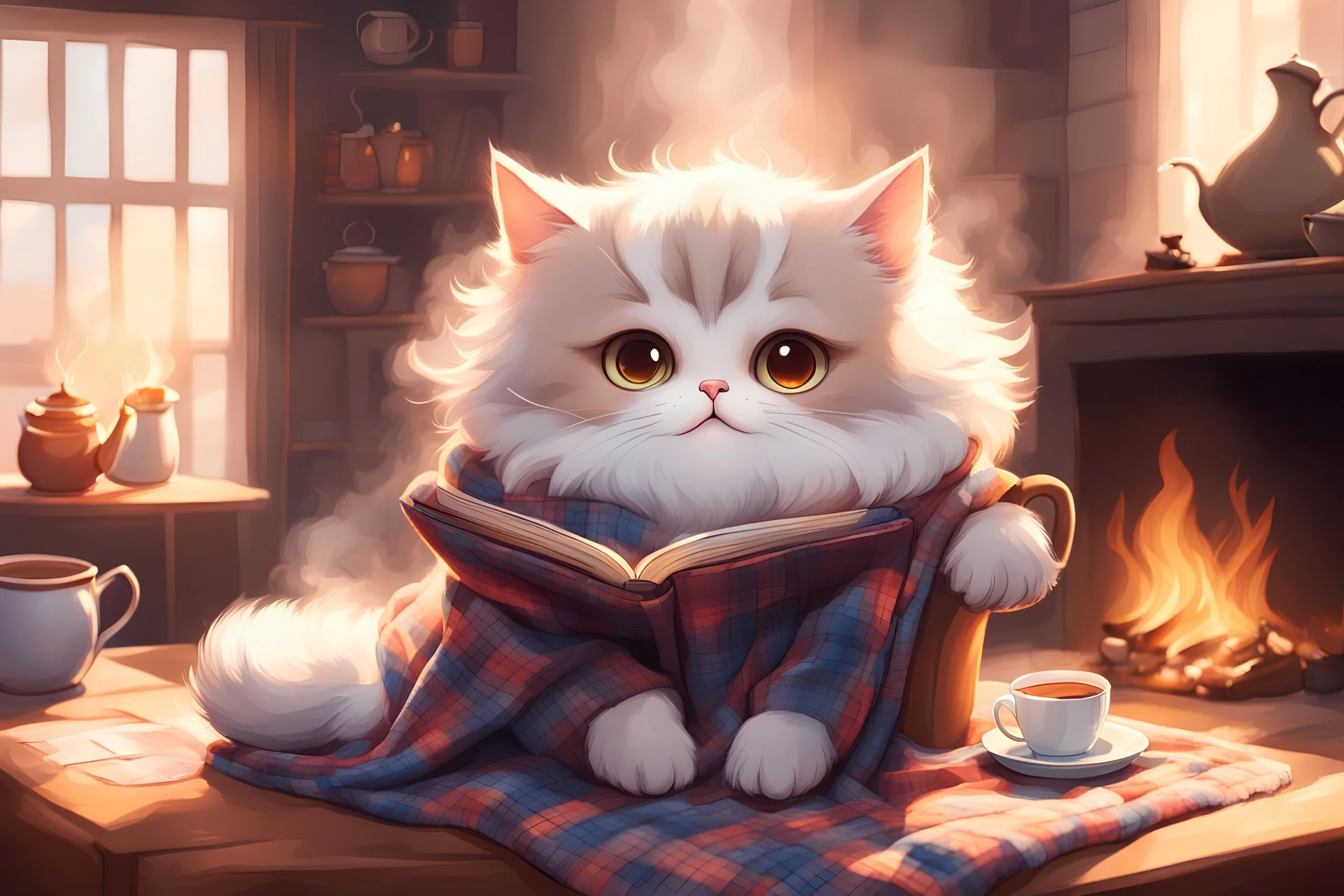 cute fluffy chibi cat reads sitting in a big soft armchair, covered with a plaid blanket, a teapot and steaming tea on a small table next to her, in sunlight. The fire in the fireplace is blazing.