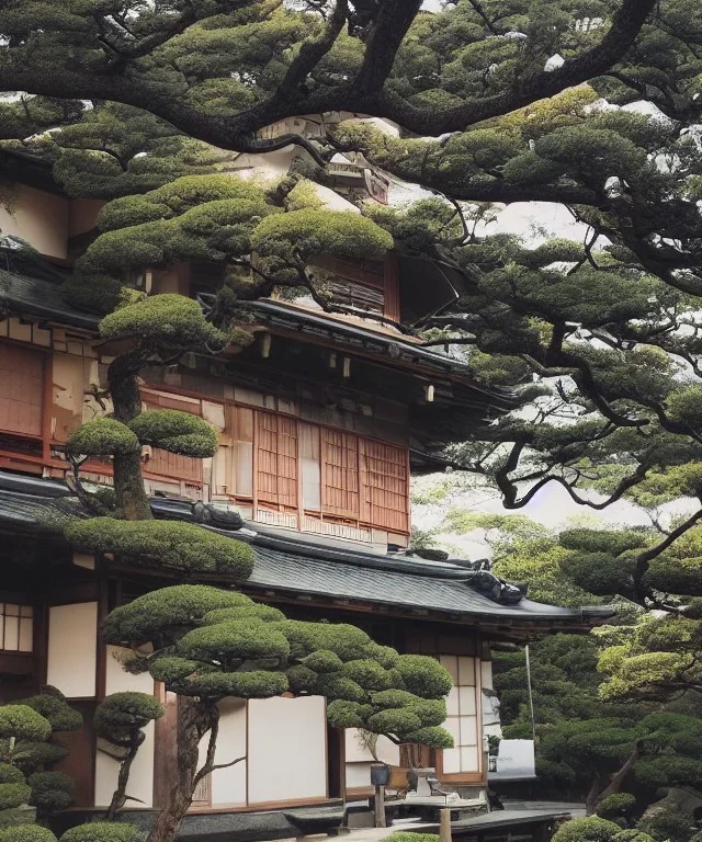 Japanese tea house with a large statue of a cat in outer space with a nebula backdrop and otherworldly trees