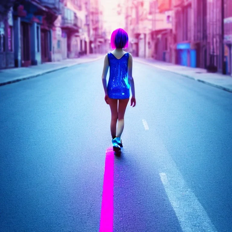 Beautiful lonely girl who walks along a street without people at dawn. You see her from behind. She wears a very short blue dressed. She has pink short hair with glowing crystals. Full body, 8k resolution concept art. Professional Photo HD. Stylish. Warm vivid colors. Panoramic