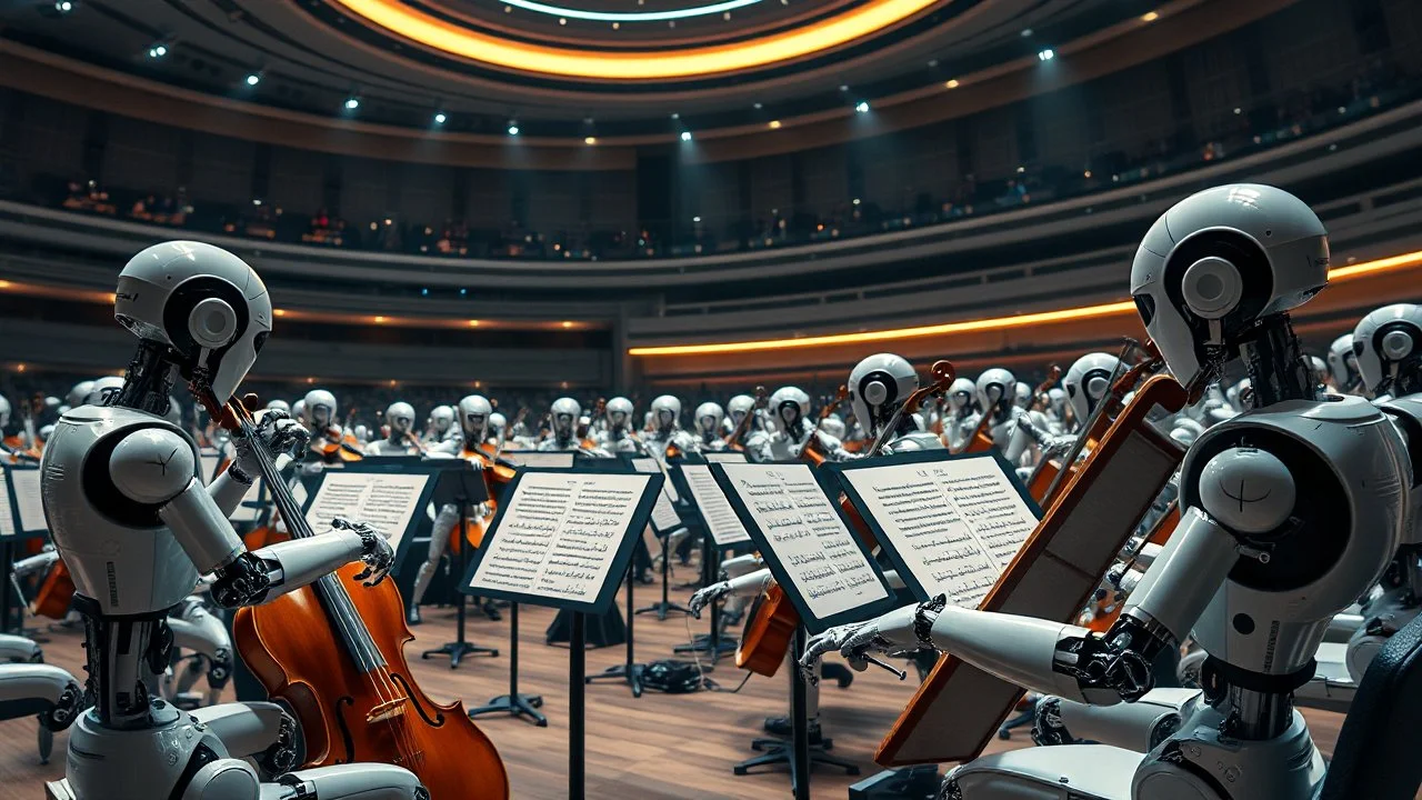 A futuristic concert hall where a full orchestra of robots performs on orchestral musical instruments. Each robot is designed to play a specific instrument, their fingers and arms moving with incredible dexterity and coordination to produce a symphony of sound. Award-winning photograph, beautiful composition, exquisite detail and illumination