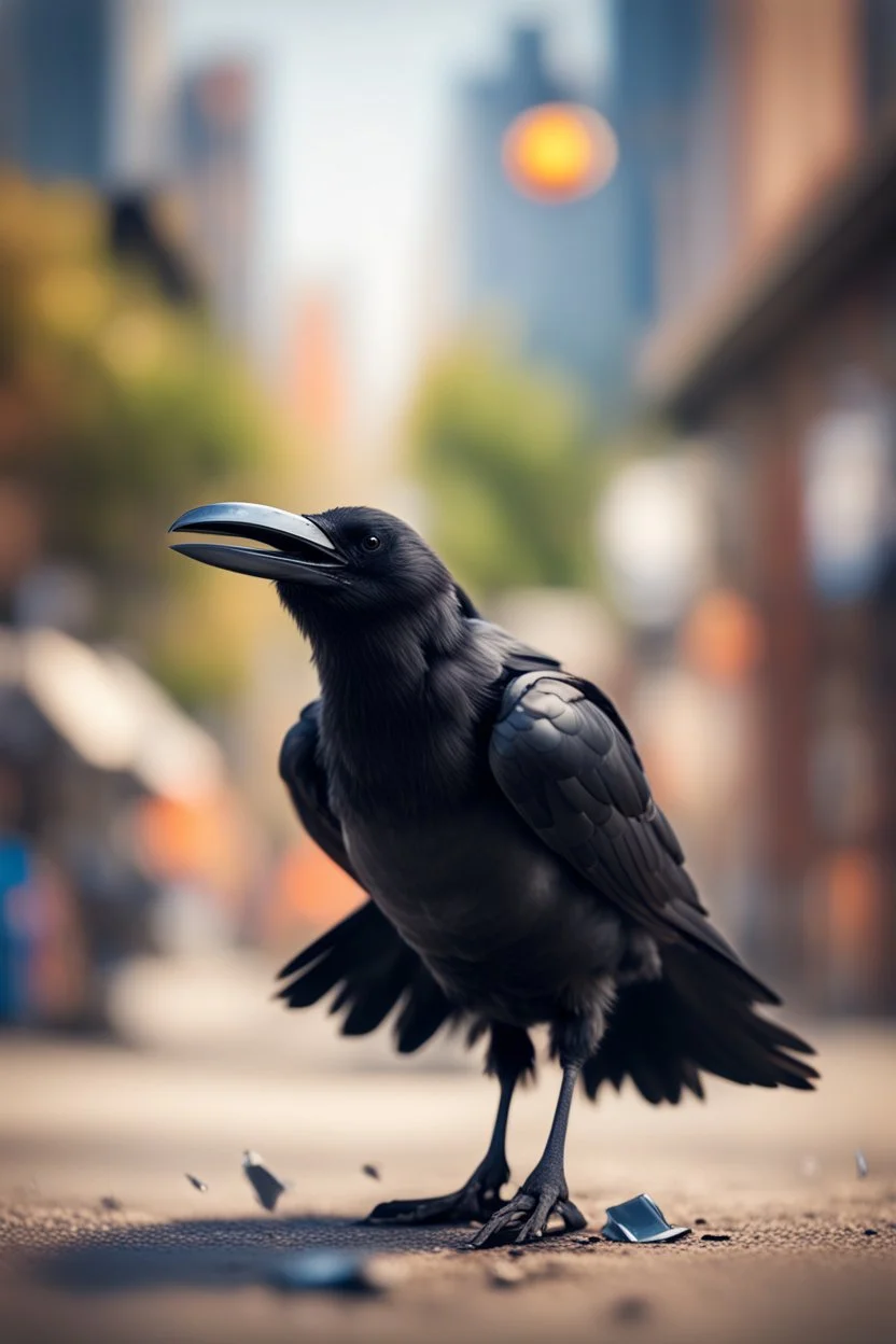 crow holding garbage upside down laughing,bokeh like f/0.8, tilt-shift lens 8k, high detail, smooth render, down-light, unreal engine, prize winning