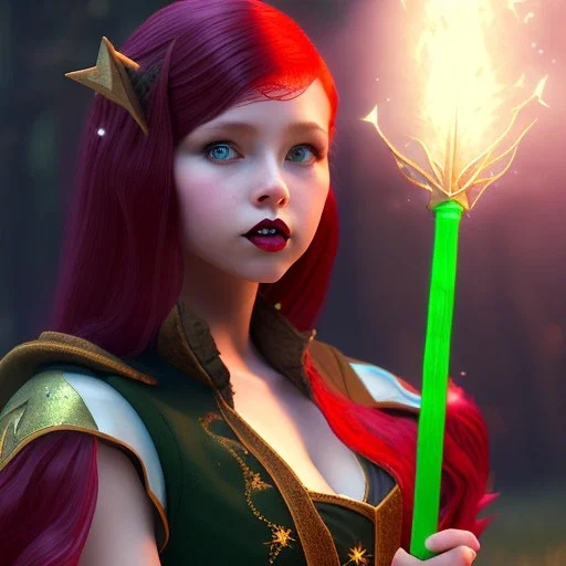 Attractive teenage girl with red hair who is dressed like a witch casting a spell with a wooden staff, magic is in the background, green eyes, background is realistic space, goth girl dress, full body portrait, arm colors gradient effect into stars, rendered, unity 3d, unreal engine, dslr, hdr, 4k, edited, photorealistic, normal number of appendages, freckles, artists rendering