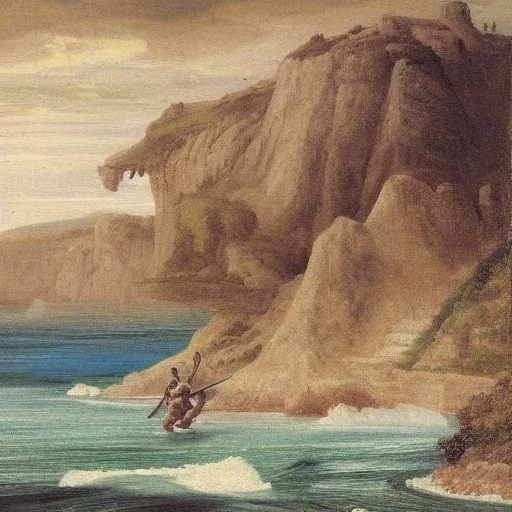 a landscape painting of a [barbarian warrior] holing an ((axe)) on a cliff overlooking the sea, monsters in the water by Pre-Raphaelite Brotherhood