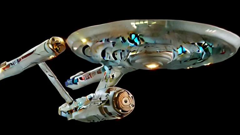 a screen capture from a star trek movie of a battle-damaged starship enterprise IN the year 2380 IS IN A BATTLE with monster ufos sci-fi meticulous, highly-polished, photorealistic, studio production, intricately detailed, GALACTIC, directed by gene Roddenberry,