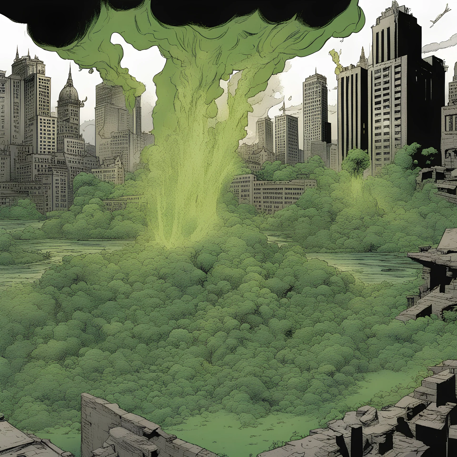 Cidade sendo destruída por uma magia verde, traço quadrinhos Marvel
