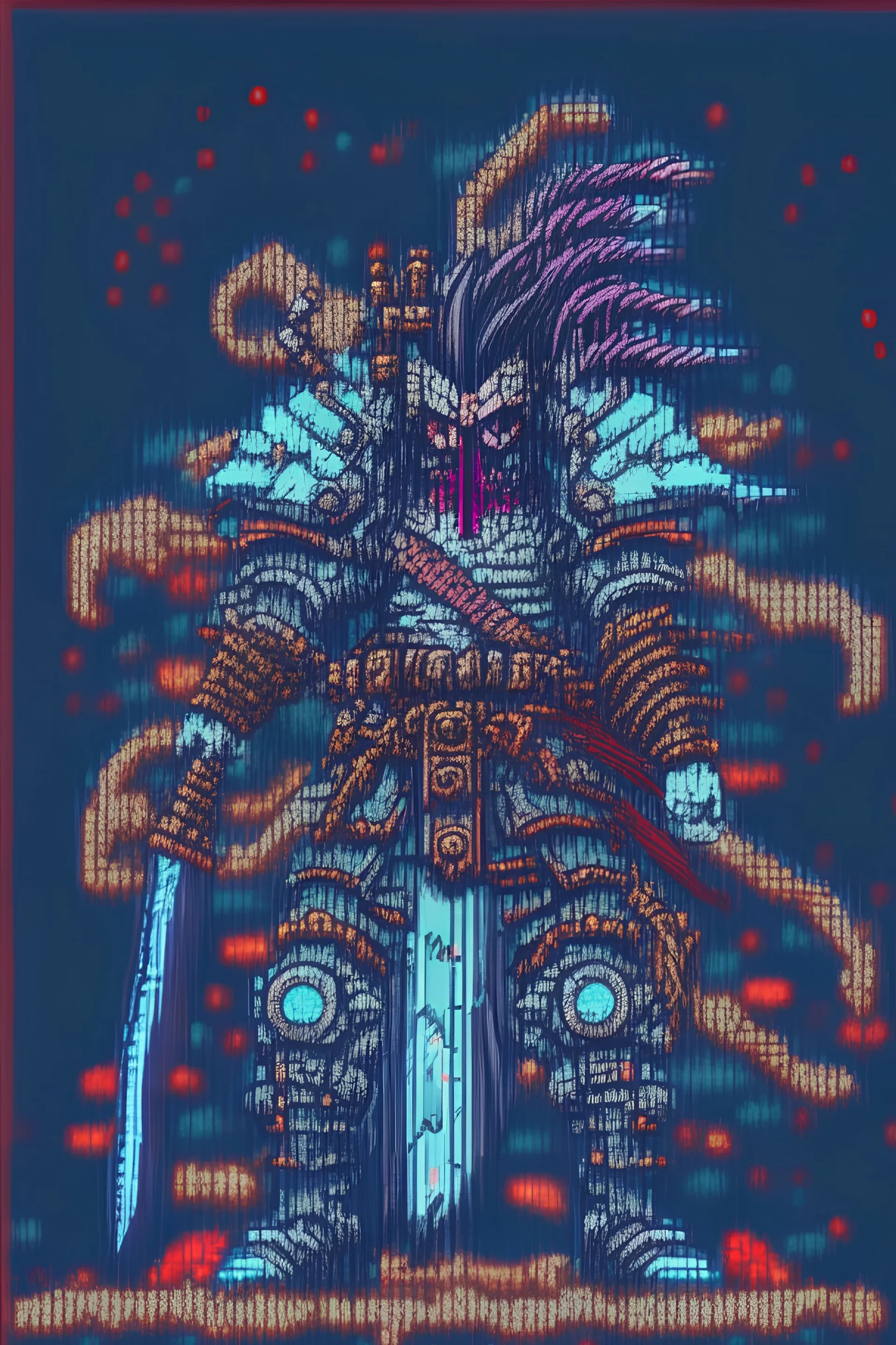 8bit pixel art,Cartoon,Japanese Manga,3,hyper realistic, gloomy,, clean lines, cyberpunk,cybernetic, zombie Vampire hunter lord,with mechanical tentacles coming out from the chest,posing as a fighting samurai, battle axe weapon,heavily ornamented symbols,ancient tribal armour pattern as long jacket in synth wave,realistic cinematic lighting, video game posecover album,death metal