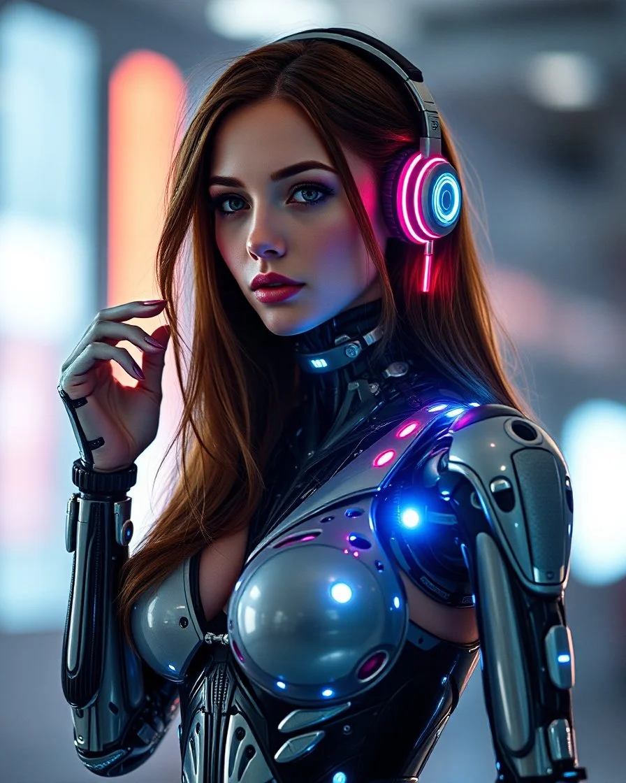 Full body imaBeautiful woman super model brown long hair wearing earphones science fiction style humanoid half with full body cyborg mechanicals and cybernetics lights,she on standing sweet pose