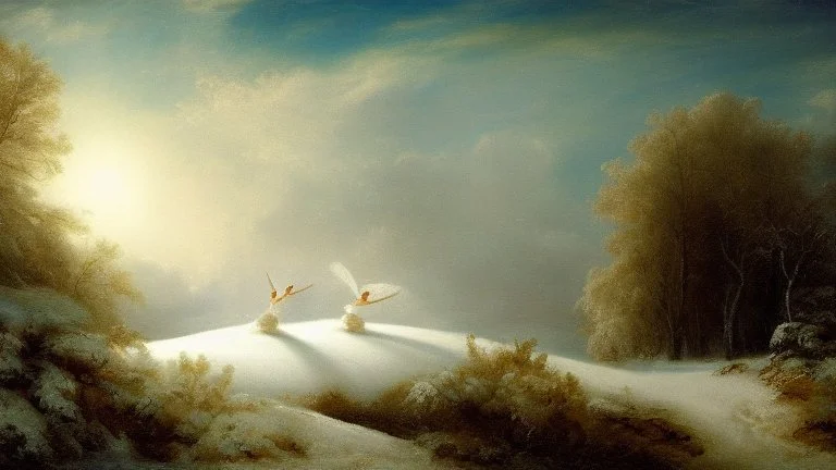 A snow-covered landscape, with a pair of ballet dancers performing a graceful waltz in the sky, surrounded by a heavenly chorus of angels.