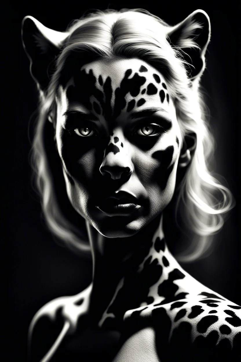 portrait of a women-panther mutant , monocrome color , amorphe dark-white shapes and shadows in backgroundhigh contrast, detailed, dark , noir, thriller, deep dark colors, gloomy, cinematic