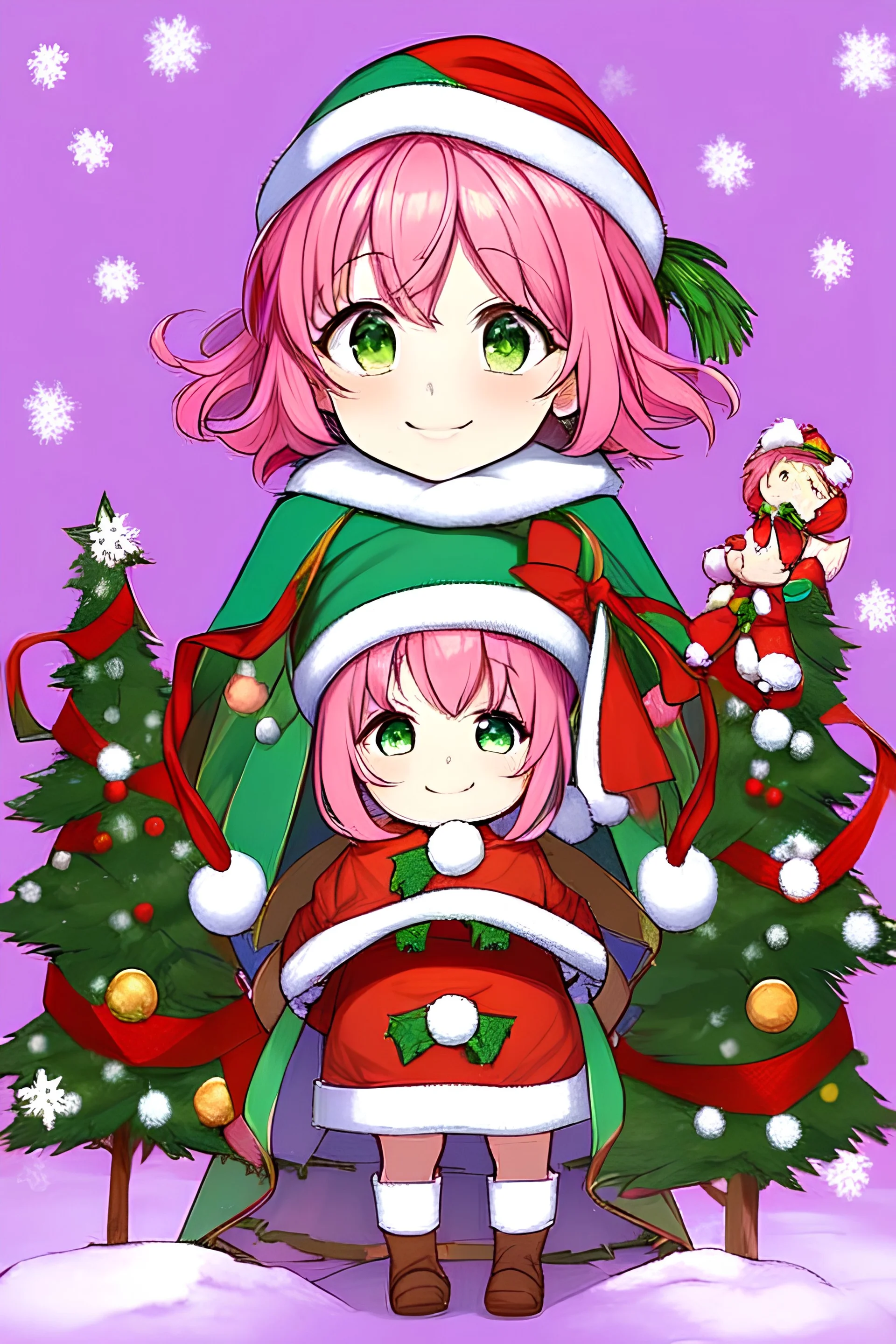 cute anime girl, wearing classic Christmas hat, smiling, green eyes, medium pink hair with purple gradient, Christmas background with trees and lots of snow, Young child