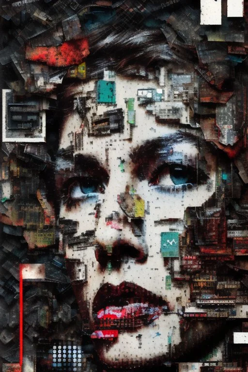 Ultra detailed medium portrait painting of anxiety , torn up collage of clippings, broken circuitry background, matrix effects, punk visual art, punk art aesthetic, graffiti art, pop surrealism, collage art, cluttered paint glitches