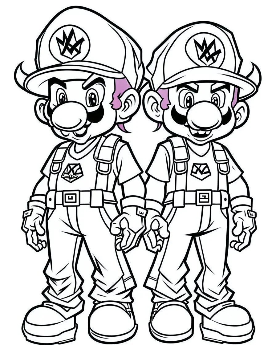 outline art for Waluigi And Wario coloring page, Japanese manga style, cartoon style, cute face, white background sketch style, full body is a must, only use outline, clean line art, no shadow, bold outline