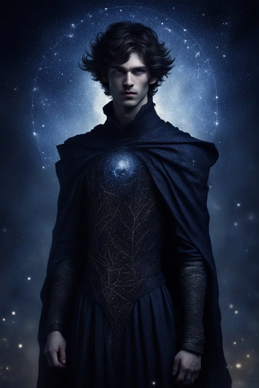 сын полуночницы выглядит как тень, сотканная из звездной пыли и опавших листьев. В его глазах – глубина ночного неба, хранящая секреты ушедших эпох. Кожа его тонка, словно пергамент, и на ней едва заметно проступают линии, напоминающие карту неведомых созвездий. Он носит одежды из темных, струящихся тканей, которые шепчут при каждом движении. Его походка тиха и грациозна, как у дикого зверя, крадущегося в ночи. В его присутствии ощущается некая отстраненность, будто он лишь гость в этом мире,