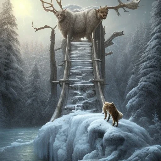 fantasy art of big wolf walking on very tight rope bridge over icy water