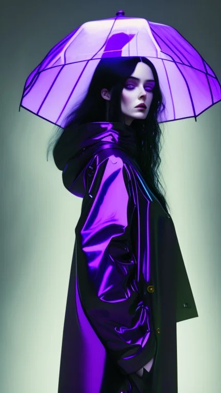 painting by koson ohara and marta bevacqua, portrait of a beautiful goth woman with long black hair, wearing a plastic raincoat, purple neon lighting, 8k, high quality, highly detailed