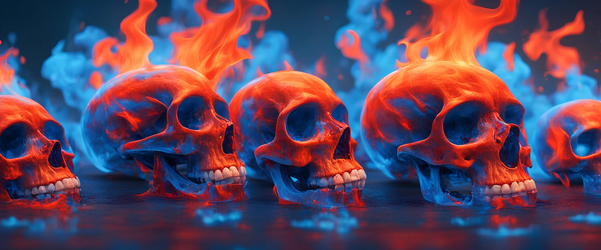 multiple glass human skulls, high temperature, glowing blue on the bottom, glowing red on the top, large blue red and orange flame coming from under and behind hovering in high in the sky, contrasting colors precisionism psychedelic art surrealism street art digital illustration wet wash 64 megapixels 8K resolution 8K resolution telephoto lens telephoto sharp focus Unreal Engine 5 VRay radiant retro futuristic galactic