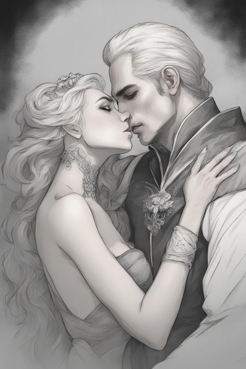 Strahd Von Zarovich being kissed onthe neck by a beautiful woman with white hair, wearing an off the shoulder dress. Settling and background are a lavish toomb with an ebony coffin.