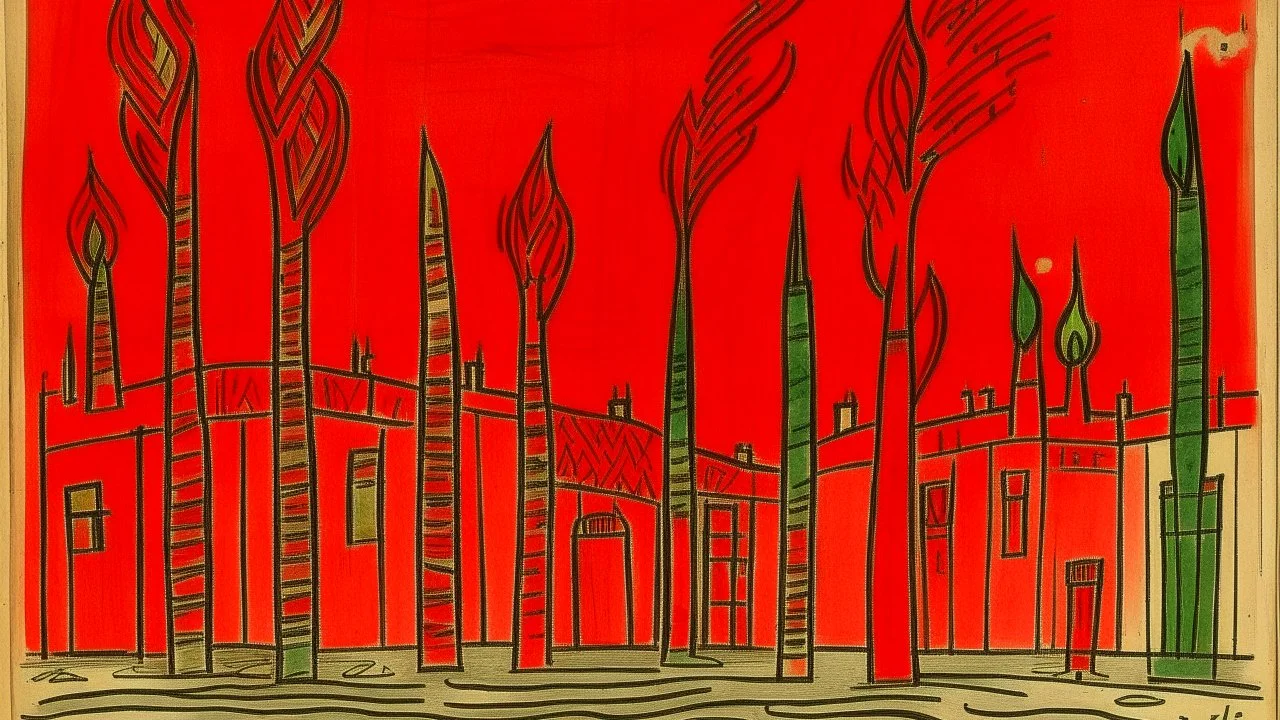 A red district with fiery torches designed in Bayeux tapestry painted by Paul Klee