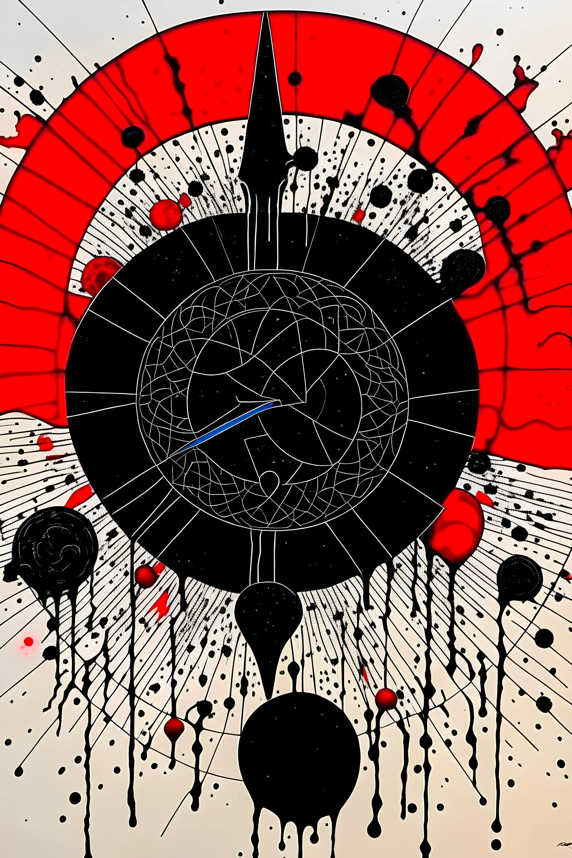 Blood and sky and Circle and heart and gun and black lines and Triangle and oil paints style Frank Webb