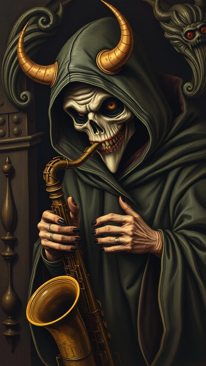 Hieronymus Bosch style , a hooded evil playing the saxophone