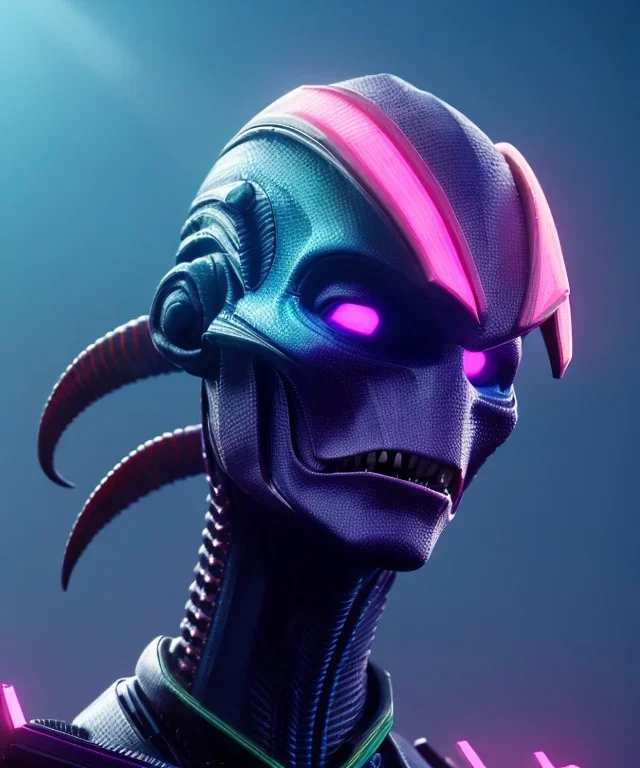 A sharp cyborg predator alien portrait,sci-fi style,purple and blue neon colours,rasta long hair,8k.